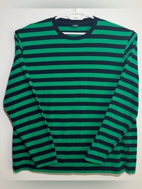 Zengjo Mens XXL Blue Green Striped Long Sleeve Shirt Casual Soft Stretch Top